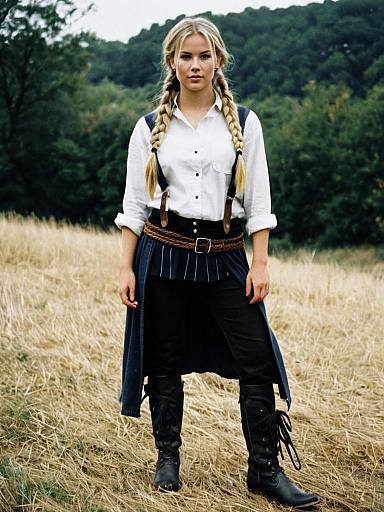 Blonde Woman in Rustic Lydia Costume with Braided Hair and Boots Outdoors