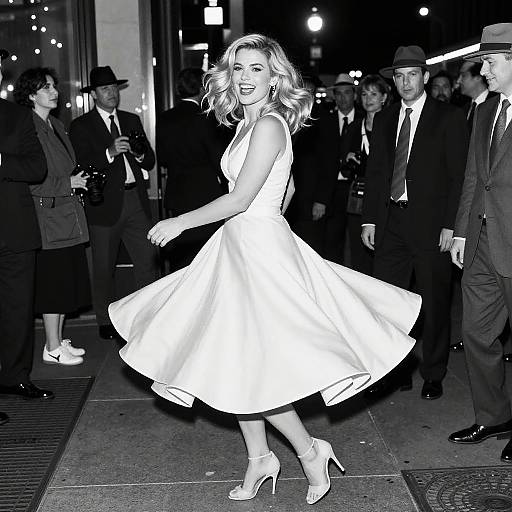 Woman in 1950s Style White Dress Twirling on City Street at Night Black and White
