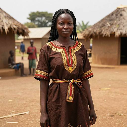 Young African Woman in Traditional Embroidered Dress in Village Setting