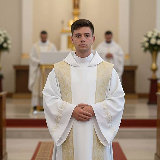 Young Priest in White and Gold Chasuble Standing in Church Interior