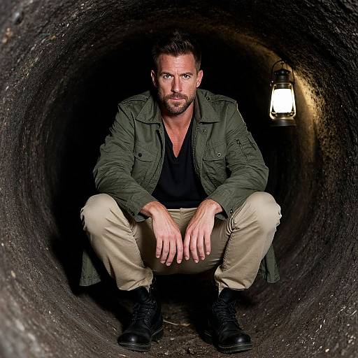 Man in Green Jacket Sitting Inside Dark Tunnel with Lantern