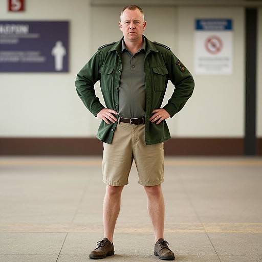 Confident Man in Green Jacket and Beige Shorts Standing Indoors
