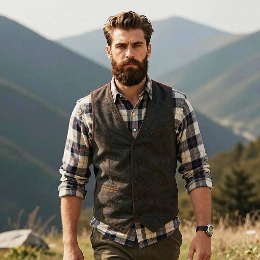Bearded Man in Vest and Plaid Shirt Outdoors with Mountain Background