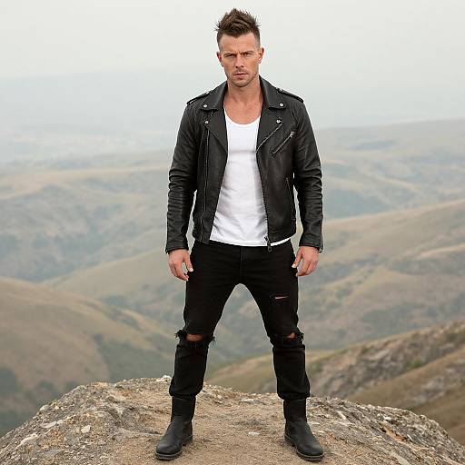 Stylish Man in Black Leather Jacket Standing on Rocky Hilltop