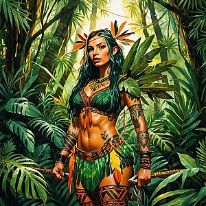 Tribal Woman Warrior in Lush Jungle with Spear
