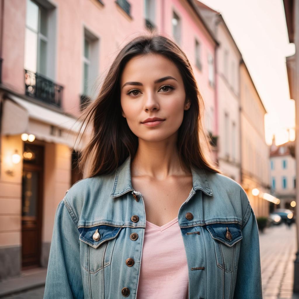 Young Woman in Denim Jacket on Charming City Street at Golden Hour