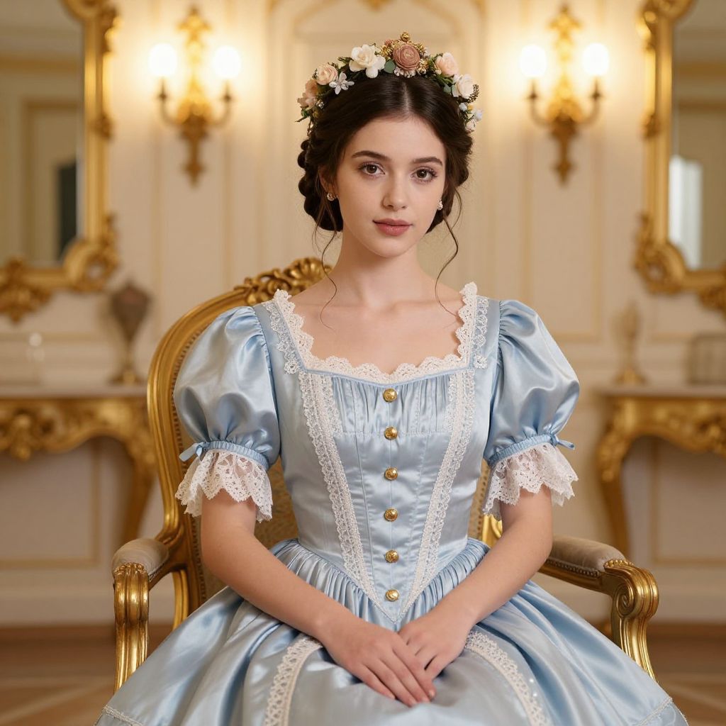 Young Woman in Vintage Light Blue Satin Dress with Floral Crown in Elegant Room