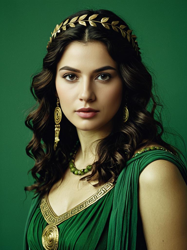Photorealistic Portrait of Woman in Green Greek Goddess Costume with Gold Accessories