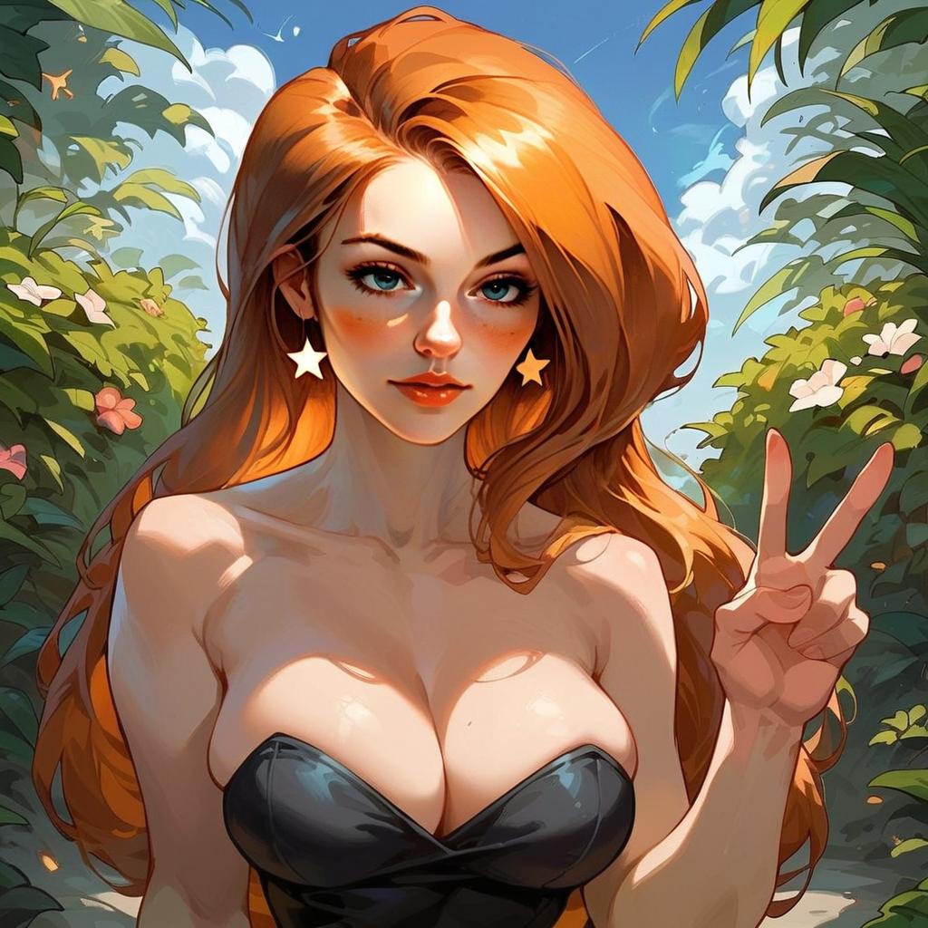 Red-Haired Woman Peace Sign Digital Anime Artwork in Garden