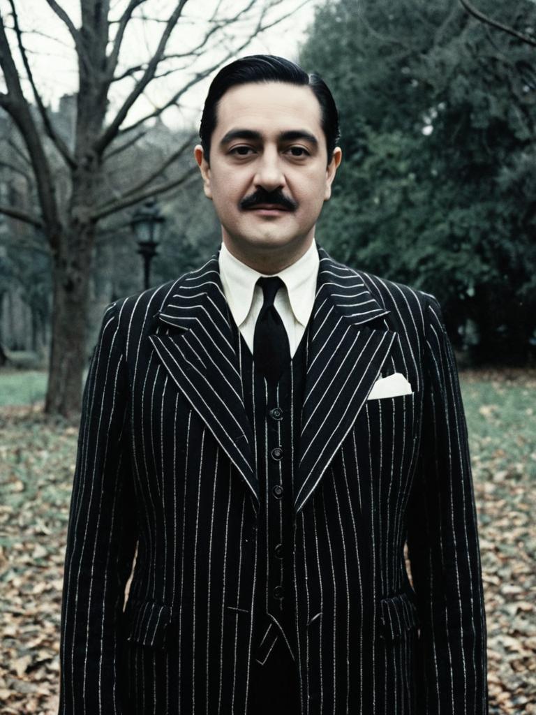 Man in Classic Gomez Addams Costume Outdoors in Gothic Pinstripe Suit