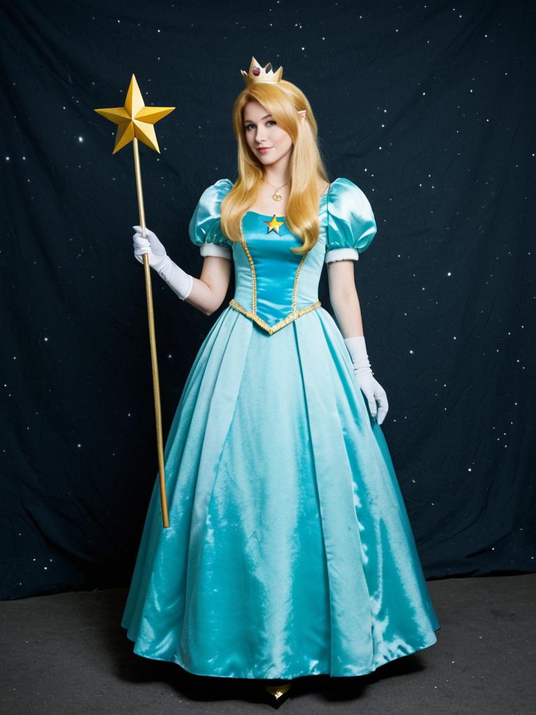 Woman in Princess Rosalina Full Body Cosplay Costume with Star Wand