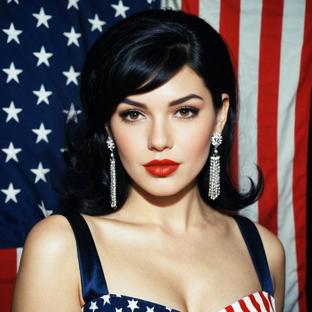 Confident Woman in Star-Striped Dress with American Flag