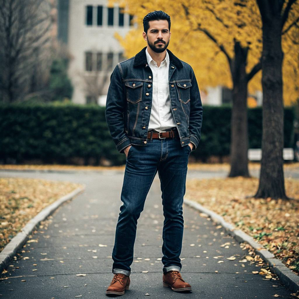 Man in Denim Jacket on Autumn Pathway