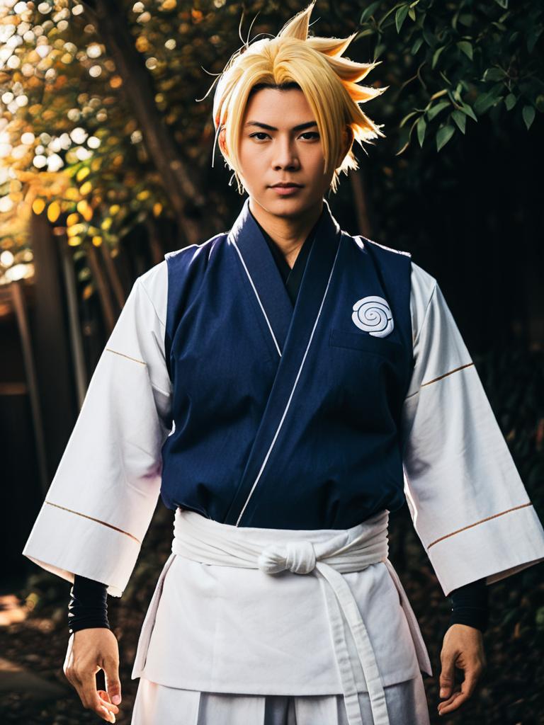Man Realistic Anime Cosplay with Blonde Spiky Hair in Japanese Inspired Costume