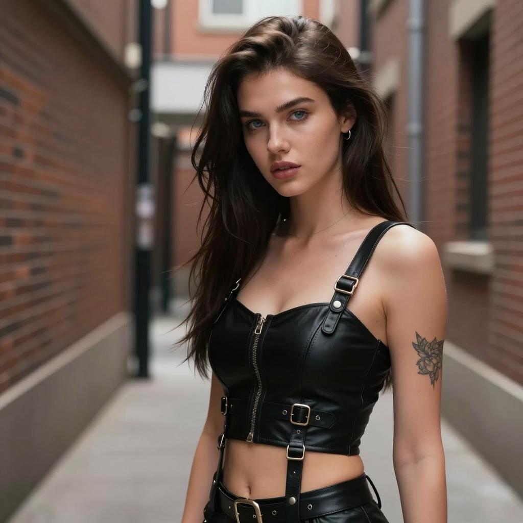 Young Woman in Black Leather Crop Top Edgy Street Style Fashion