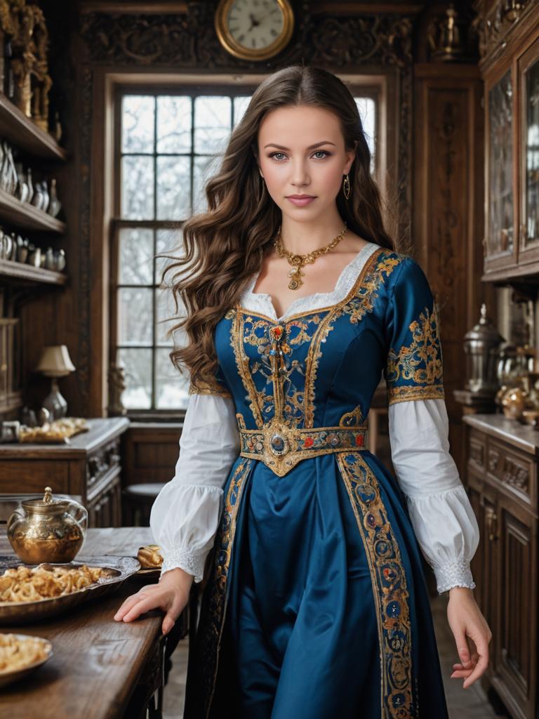 Woman in Blue and Gold Historical Dress with Teacup