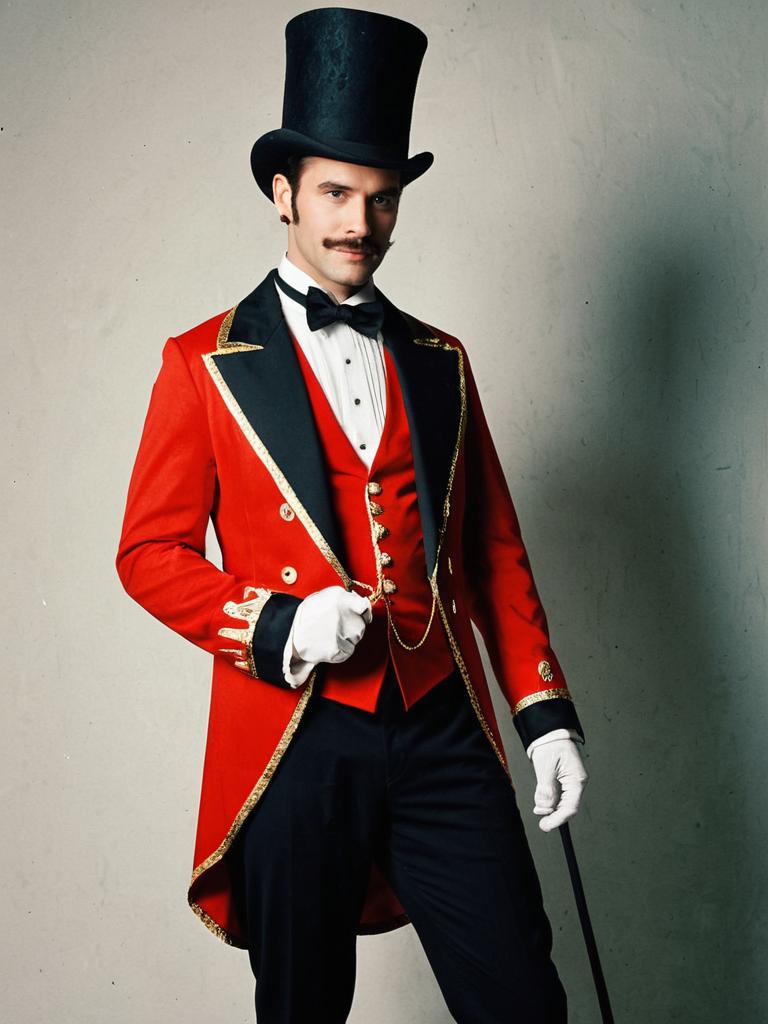 Man in Classic Ringmaster Fancy Dress Costume with Top Hat and Cane