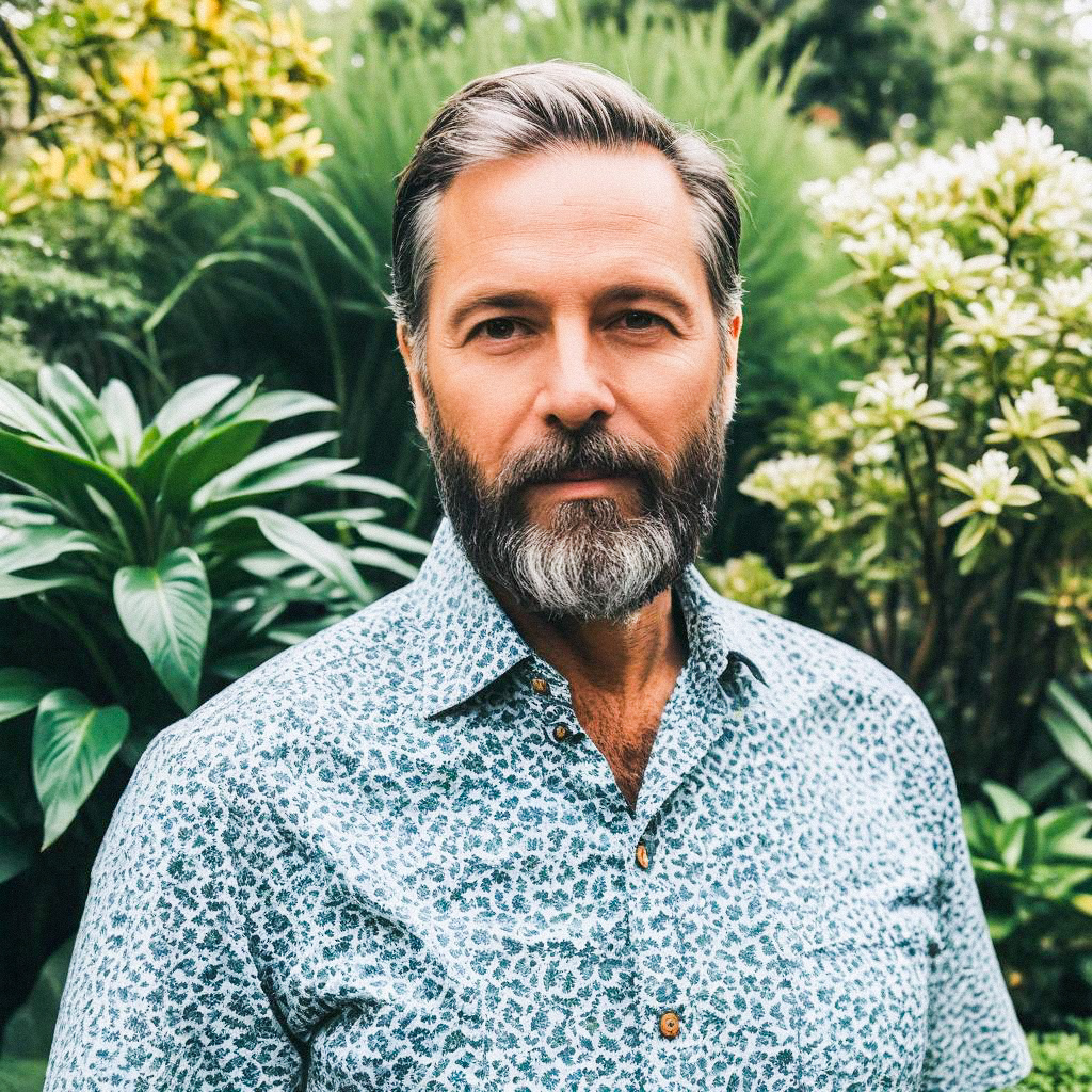 Confident Man in Blue Floral Shirt Among Tropical Plants