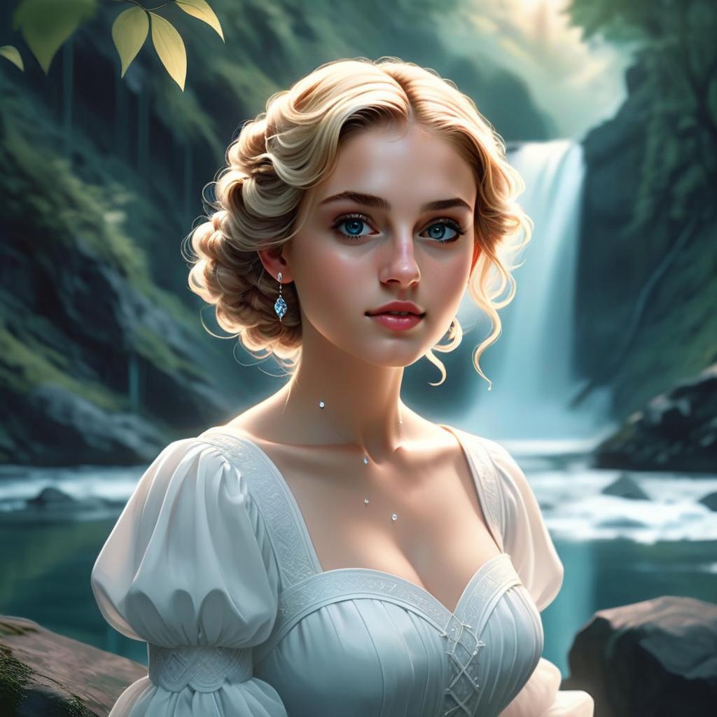 Elegant Woman in Vintage White Dress by Waterfall Digital Portrait