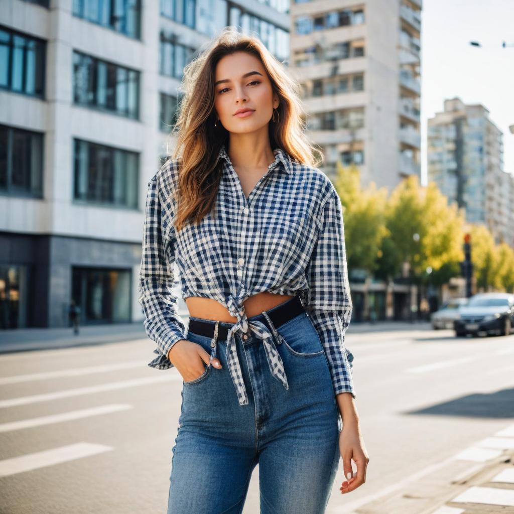 Confident Woman in Checkered Shirt on City Street Confident Woman in Checkered Shirt on City Street