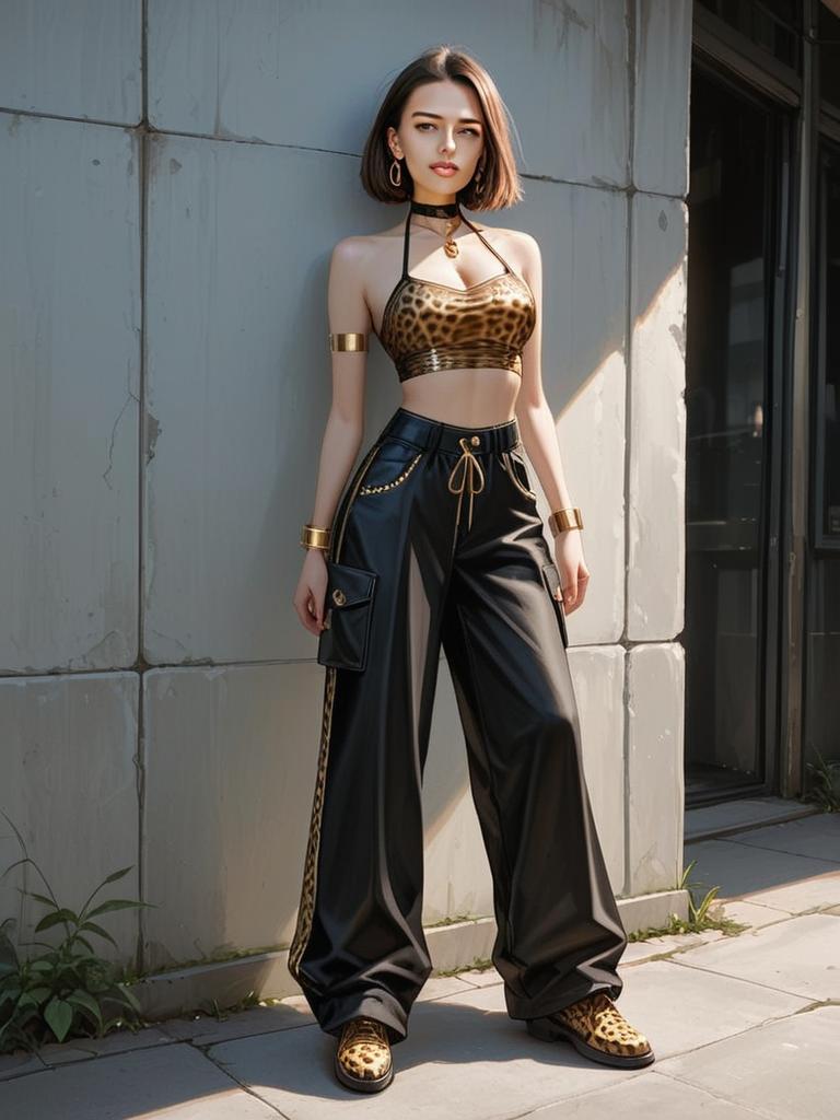 Edgy Woman in Leopard Print Halter Top and Black Leather Pants Full Body Shot