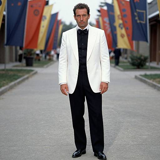 Man in White Tuxedo Jacket with Black Bow Tie on Flag-Lined Street