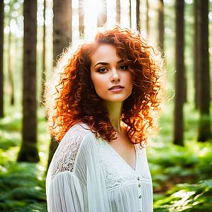 Young Woman in Sunlit Forest with Curly Red Hair