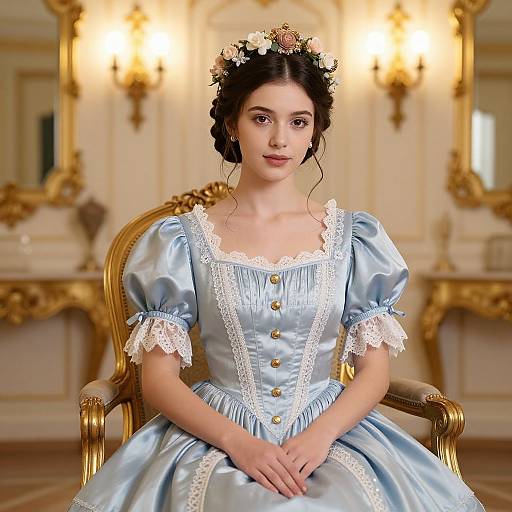 Young Woman in Vintage Light Blue Satin Dress with Floral Crown in Elegant Room