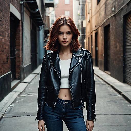 Stylish Young Woman in Black Leather Jacket Standing in Urban Alleyway