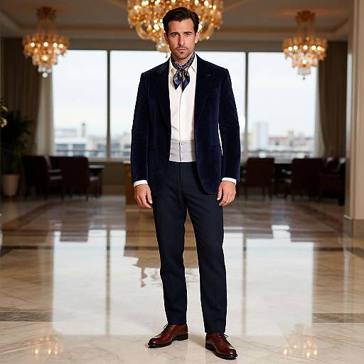 Elegant Man in Velvet Blazer and Scarf in Luxury Interior