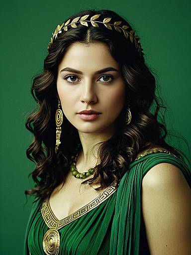 Photorealistic Portrait of Woman in Green Greek Goddess Costume with Gold Accessories