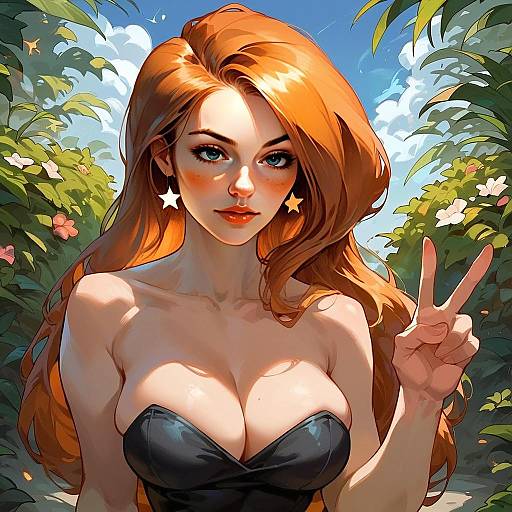 Red-Haired Woman Peace Sign Digital Anime Artwork in Garden