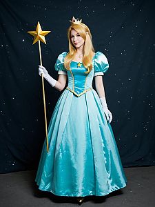 Woman in Princess Rosalina Full Body Cosplay Costume with Star Wand