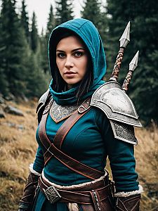 Determined Woman in Fantasy Costume in Forest