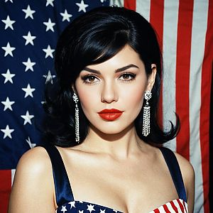 Confident Woman in Star-Striped Dress with American Flag