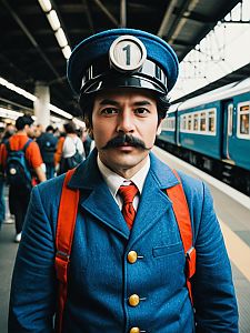 Man in Thomas Train Costume Cosplay at Train Station Portrait