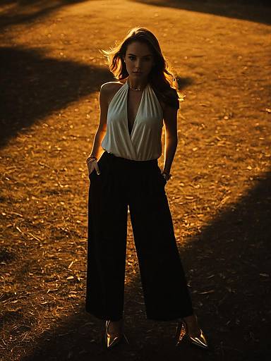 Woman Elegance in Sleeveless Cream Halter Neck Top with Keyhole and Black Wide-Leg Pants