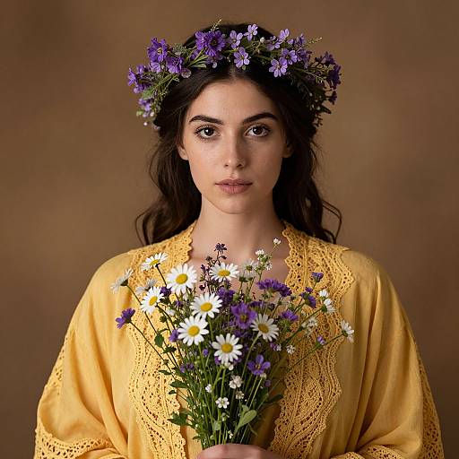 Portrait of Woman Wearing Flower Crown Holding Wildflower Bouquet