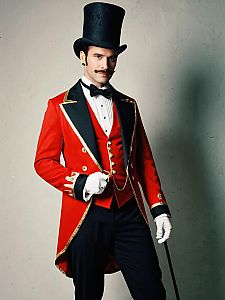 Man in Classic Ringmaster Fancy Dress Costume with Top Hat and Cane