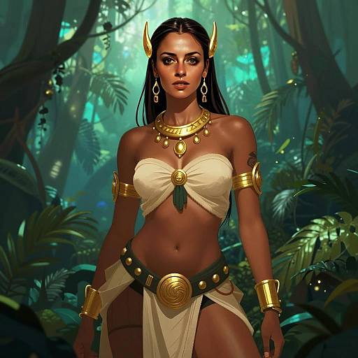 Fantasy Digital Art of Woman in Tribal Gold Jewelry in Jungle