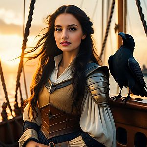 Medieval Woman on Ship Deck at Sunset