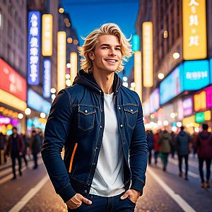Confident Young Man in Neon City