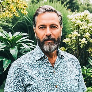 Confident Man in Blue Floral Shirt Among Tropical Plants