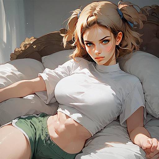 Anime Style Digital Art of Blonde Woman Reclining in White Crop Top and Green Shorts