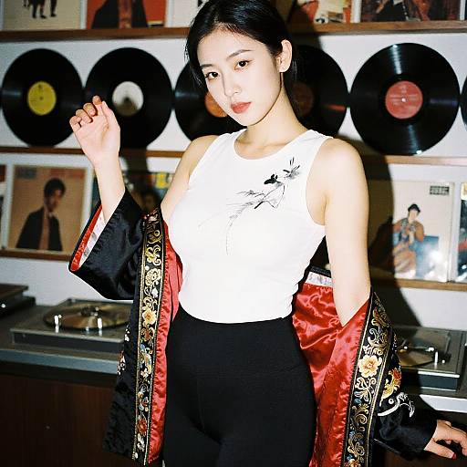 Chinese Woman Casual Chic in White Sleeveless Top and Black Leggings with Embroidered Jacket