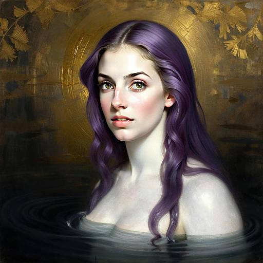 Portrait of Woman with Purple Hair in Dark Water and Golden Background