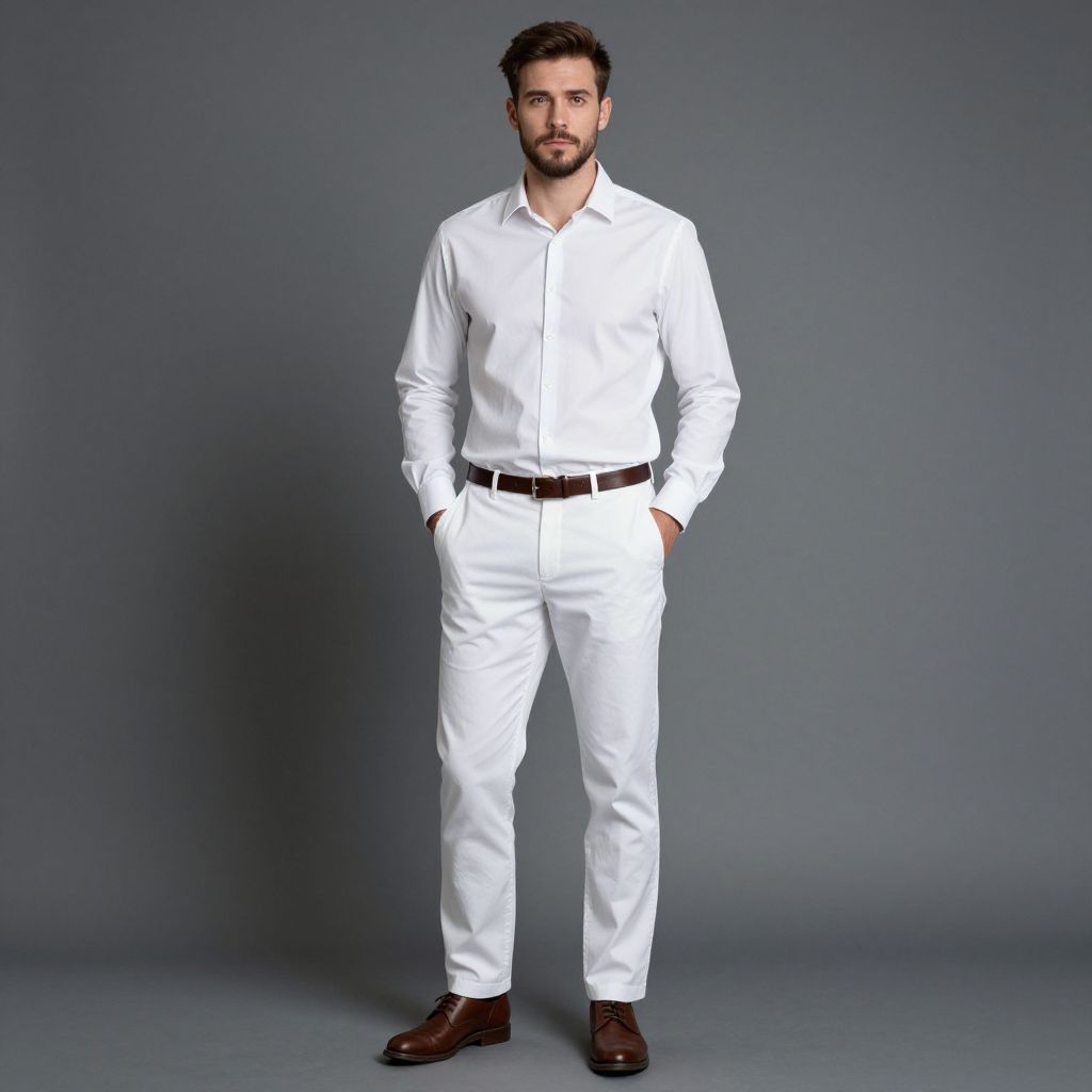 Confident Man in White Shirt and Pants with Brown Leather Accessories