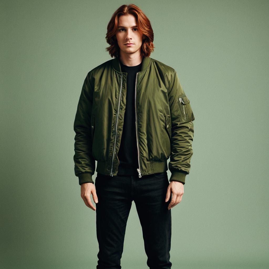 Young Man Wearing Olive Green Bomber Jacket on Green Background
