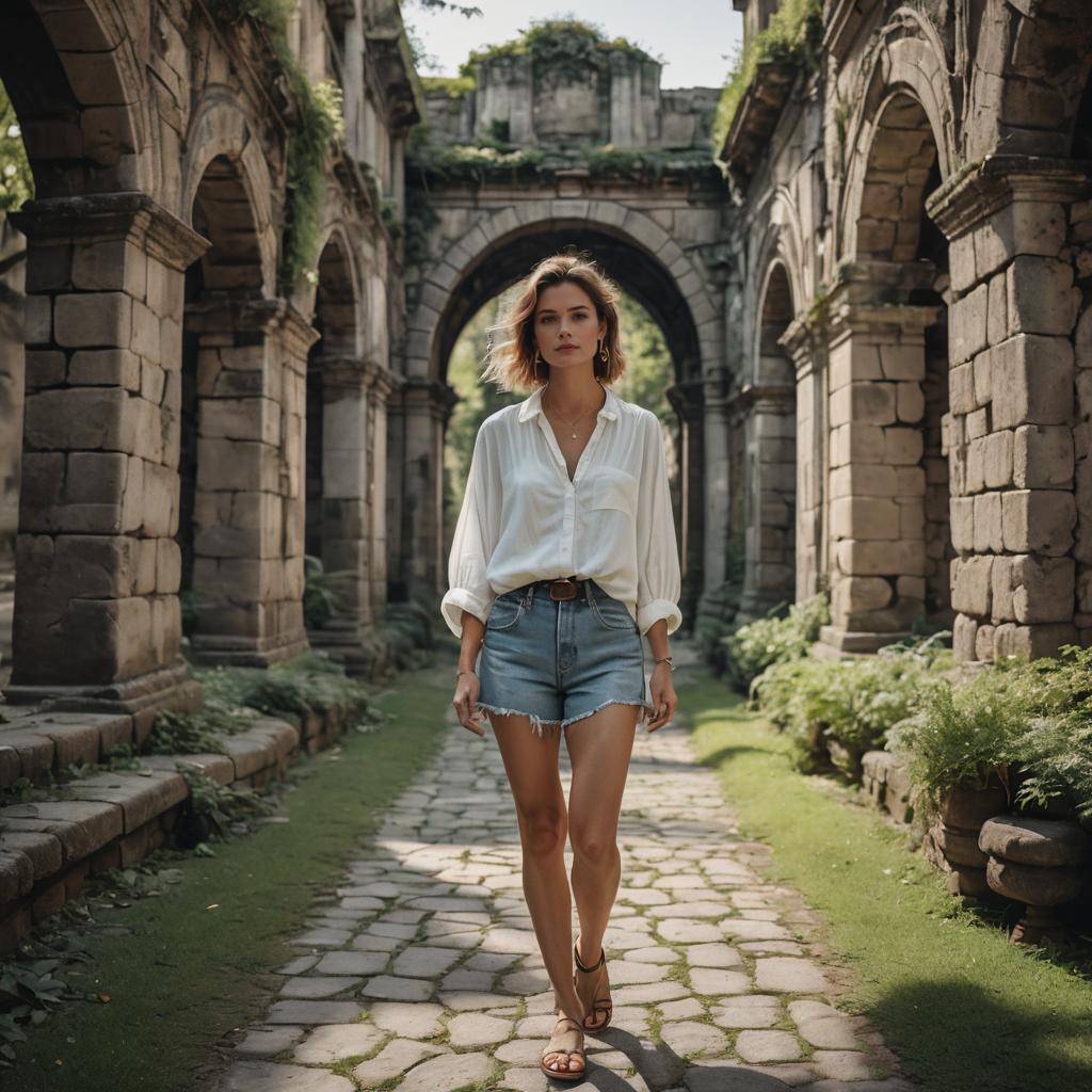Casual Woman Walking Through Ancient Stone Archway Pathway