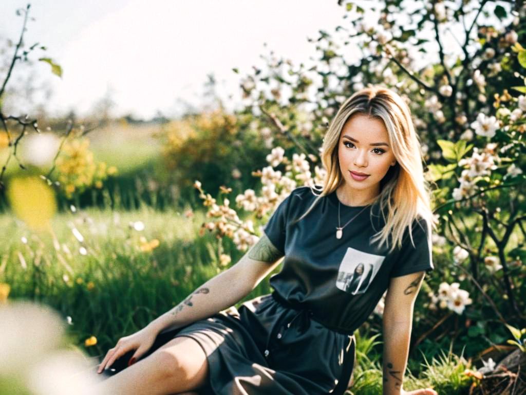 Young Woman in Chic Dress Surrounded by Flowers